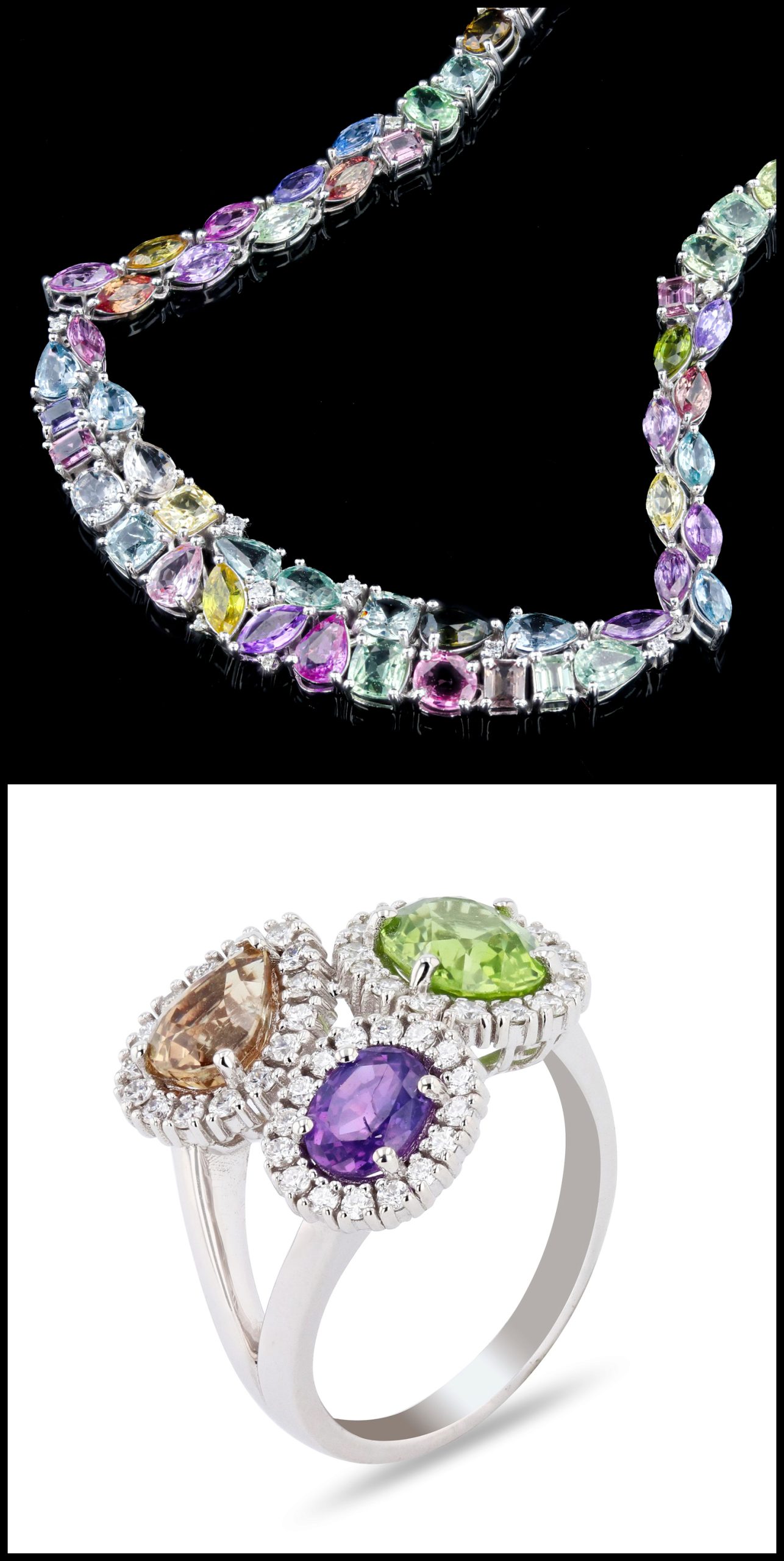 Multi Colored Sapphire and White Diamond Necklace/Ring