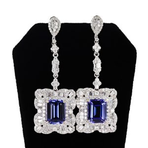 14k WHITE GOLD TANZANITE and DIAMOND EARRINGS